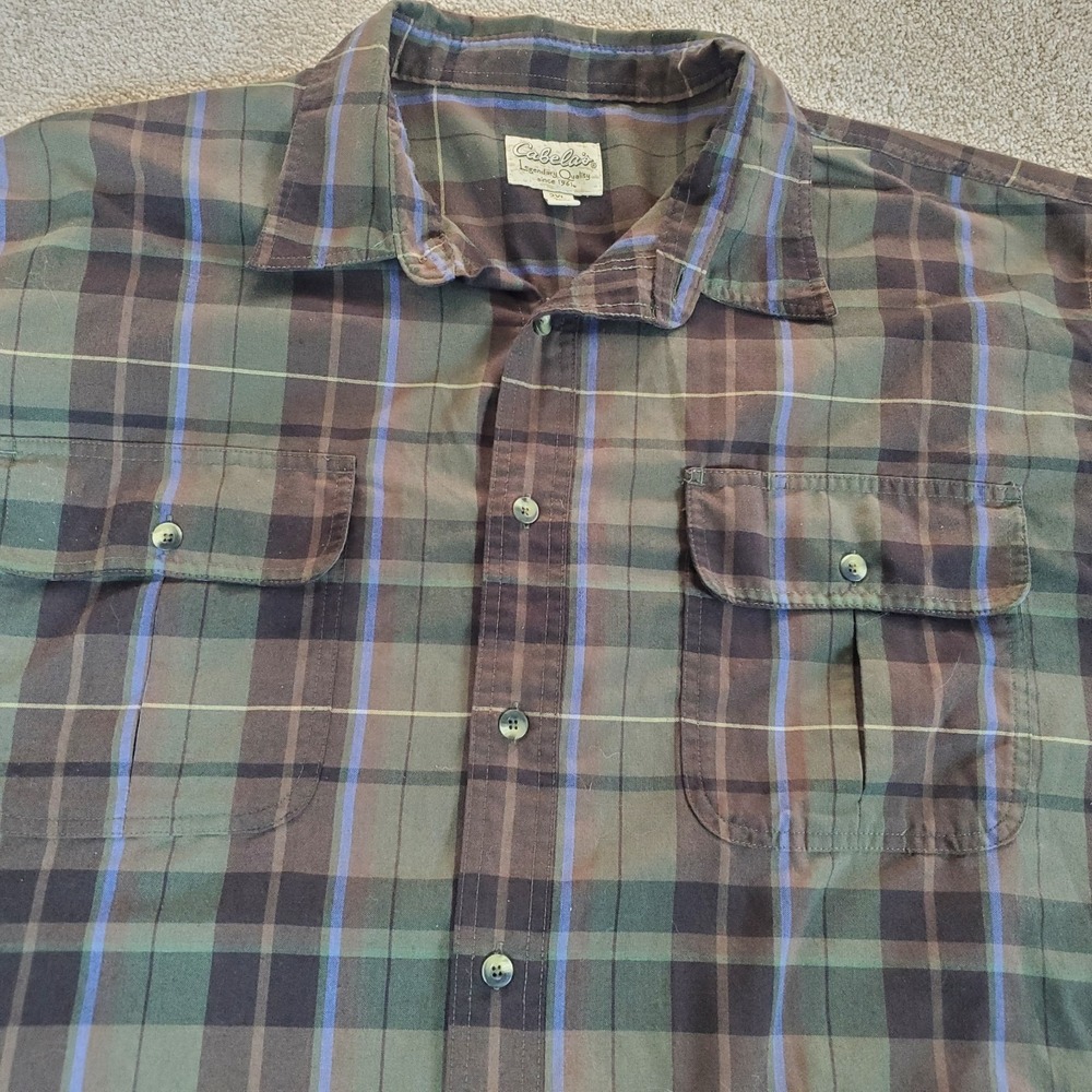 Cabela's Men's Button Up Shirt Size 2XL XXL Green Black Plaid Elbow Patches